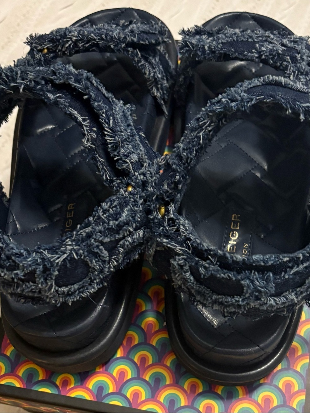 Kurt Geiger Frayed Denim Quilted Slide Sandals - Navy - Picture 2 of 4
